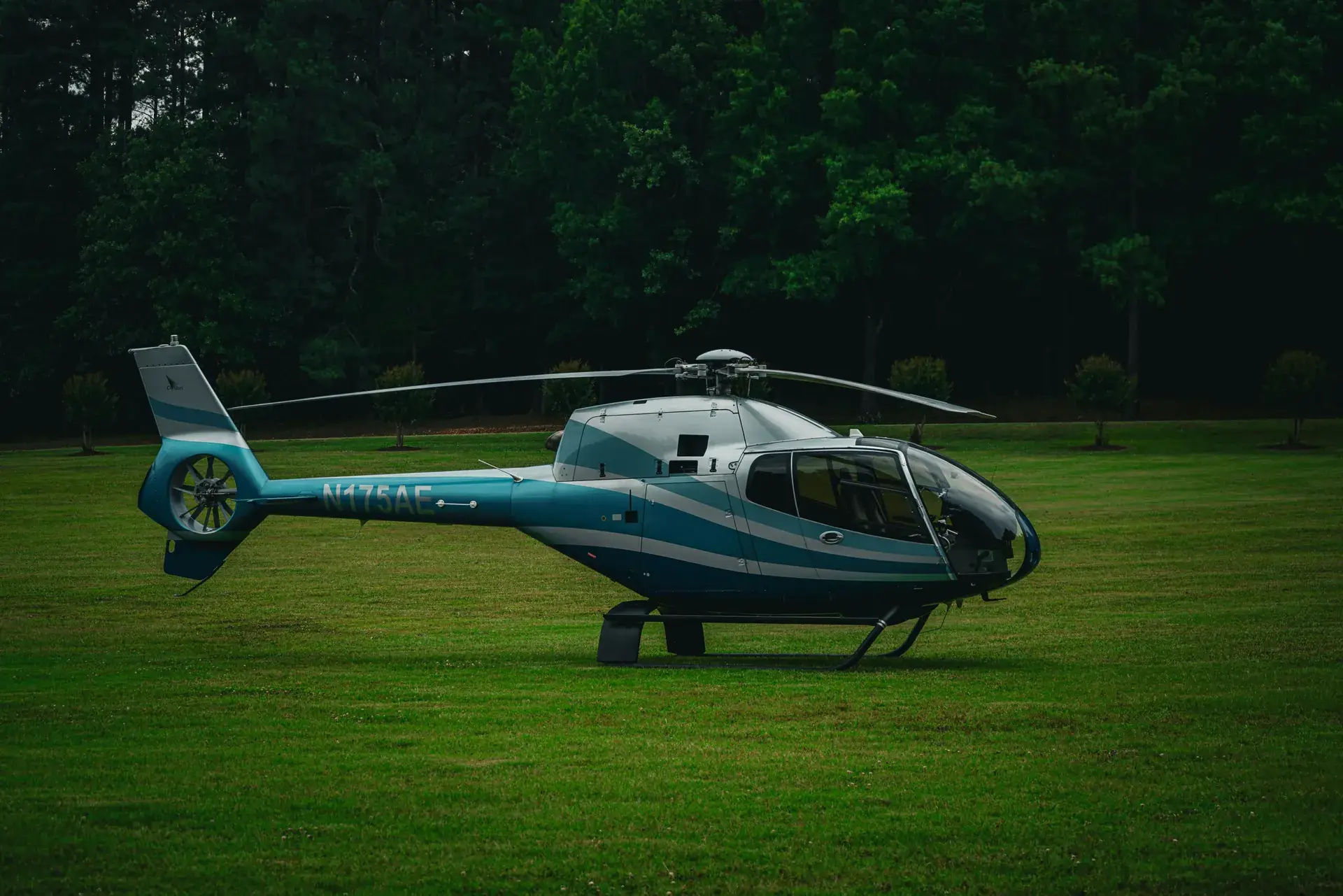 Helicopter landed on grass field surrounded by trees